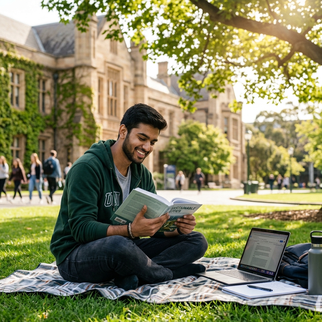 Happy young Indian students with backpacks on Canadian college campus lawn