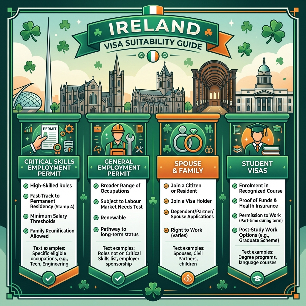Visa suitability infographic guide representing Skilled, Family, Student, and Investor visa sectors for Ireland
