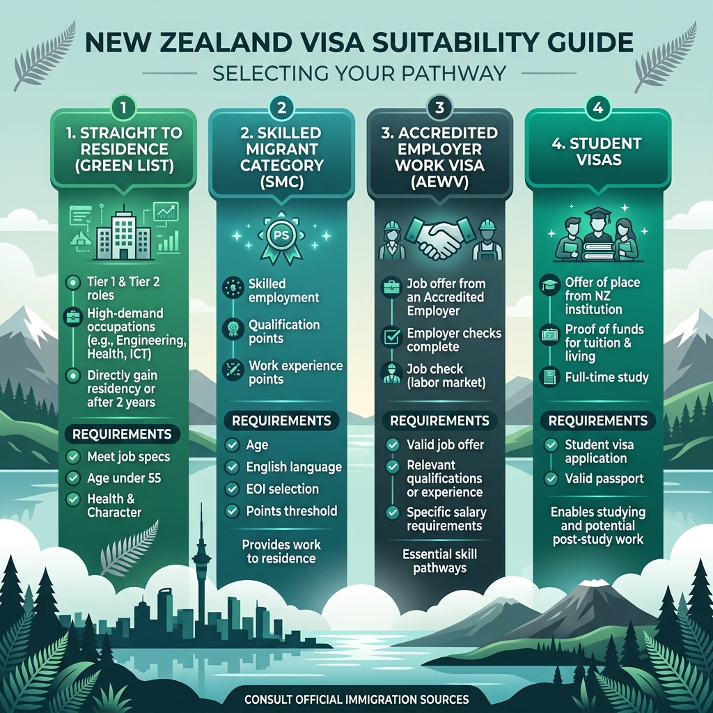 Visa suitability infographic guide representing Skilled, Family, Student, and Investor visa sectors for New Zealand